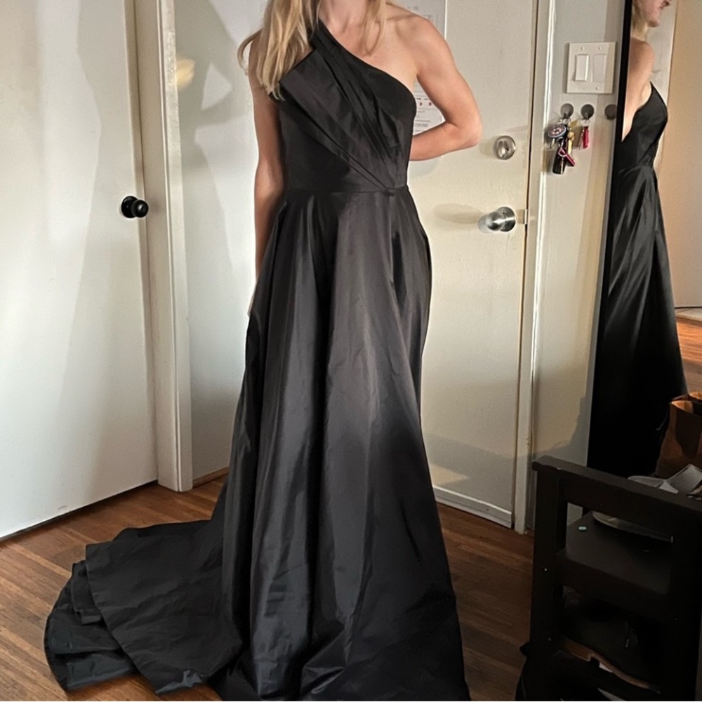 Romana Keveza One Shoulder Dress 6 100% Silk Ball Gown Train Dress (Black Tie)